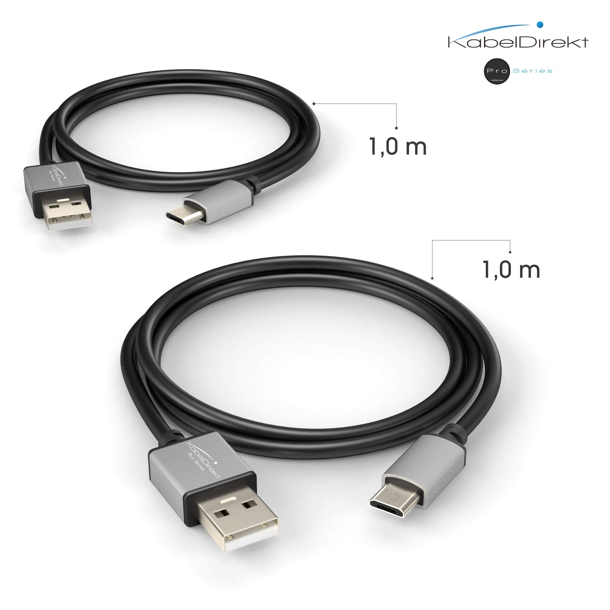 KabelDirekt 1056 1m Micro USB 2.0 Cable (High-Speed Data and Charger Cable, Suitable for Smartphones and Tablets with a Port/Space Grey) PRO Series - Pack of 2 - Black