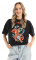 Ravin 97667 Printed "Tiger" Crew Neck Drop Shoulders Black Cropped Tee - Safqqa Egypt