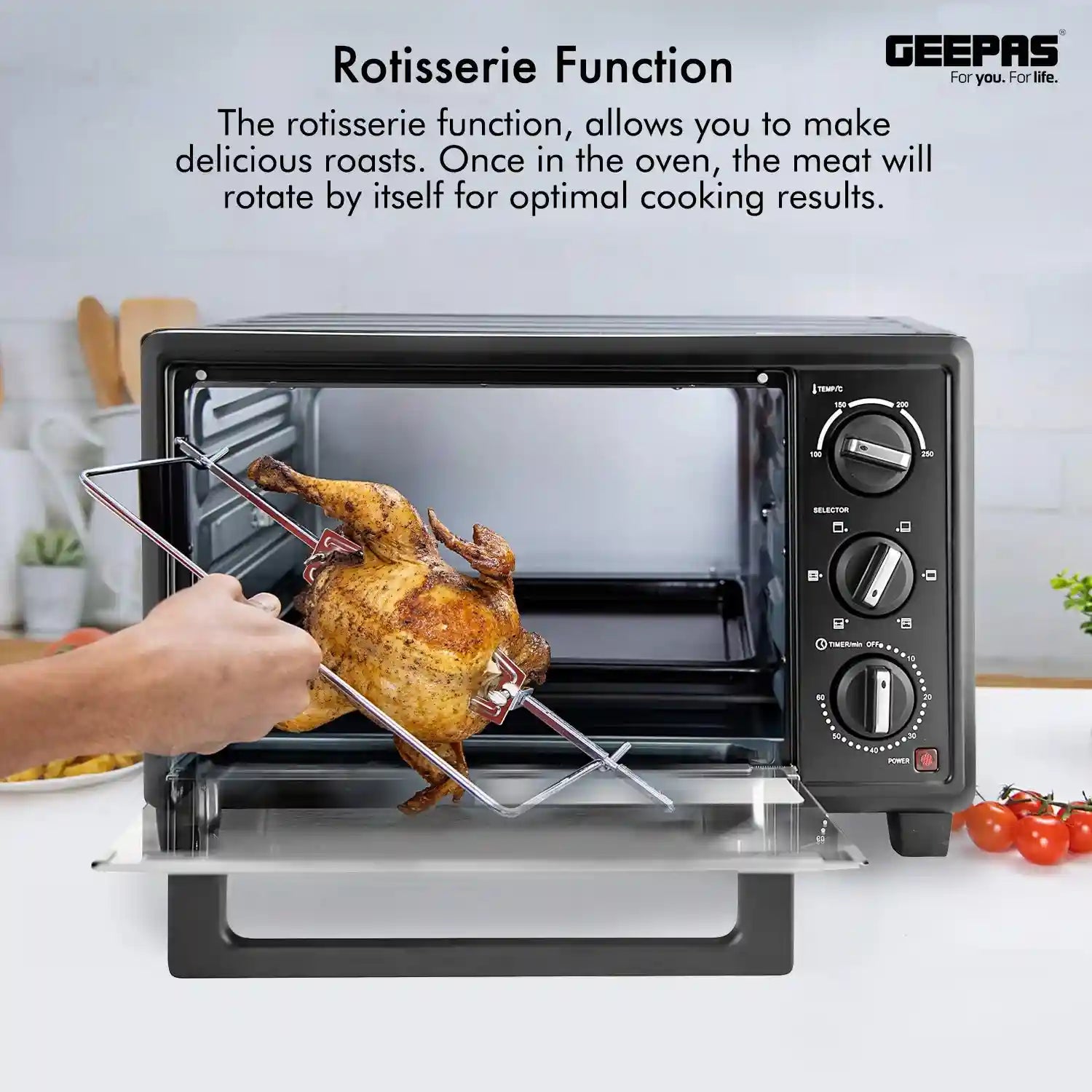 Geepas GO4464 25L Electric Oven With Rotisserie- 1600W power, 6 Stages Heating Selector-There is a hit at the top of the device.