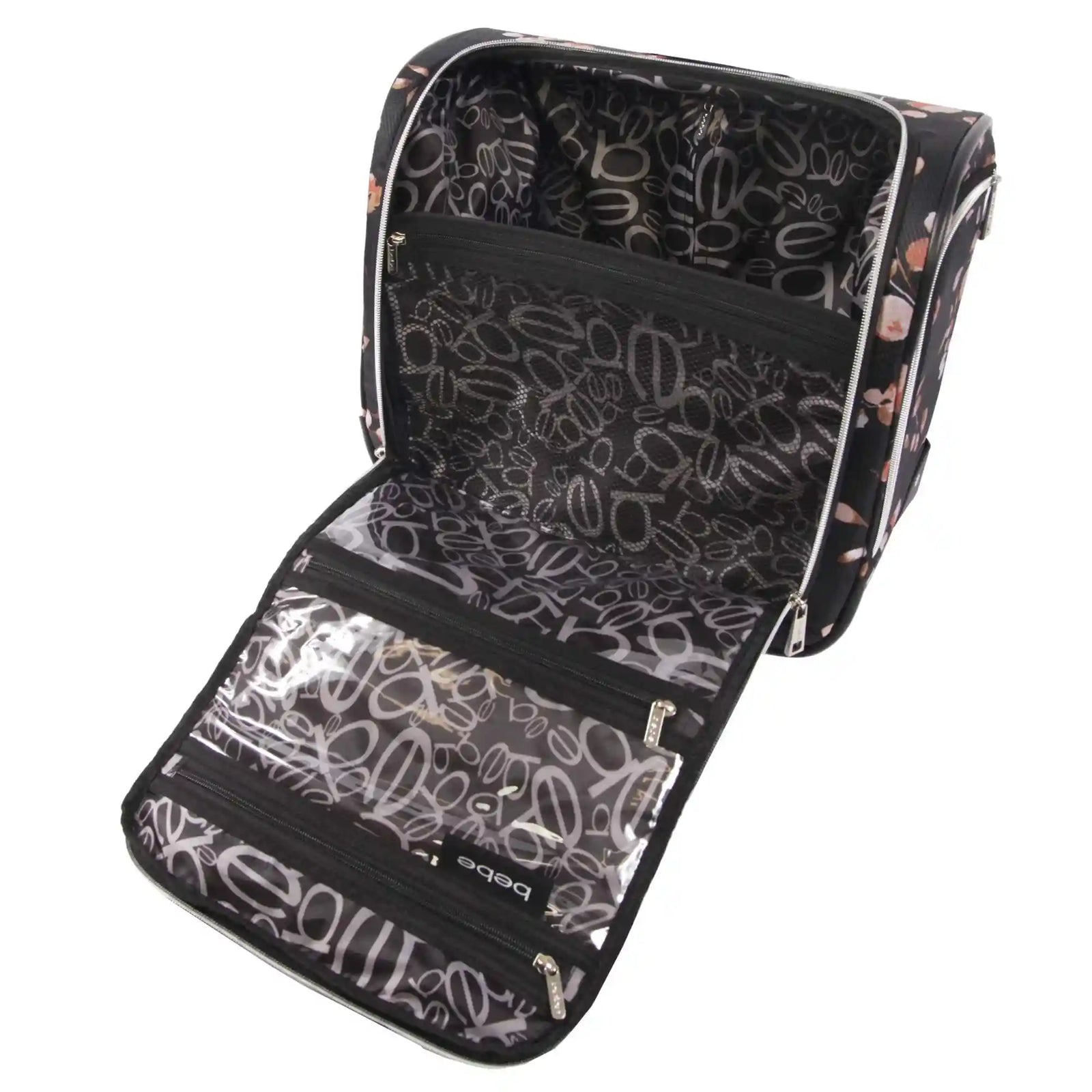 حقيبة سفر نسائية BEBE  بعجلات مصممة لتوضع أسفل مقعد الطائرة بسهولة. توفر العجلات حركة سلسة وسهلة أثناء النقل، مع عدة أقسام لتنظيم وحفظ الأغراض بطريقة مرتبة. 