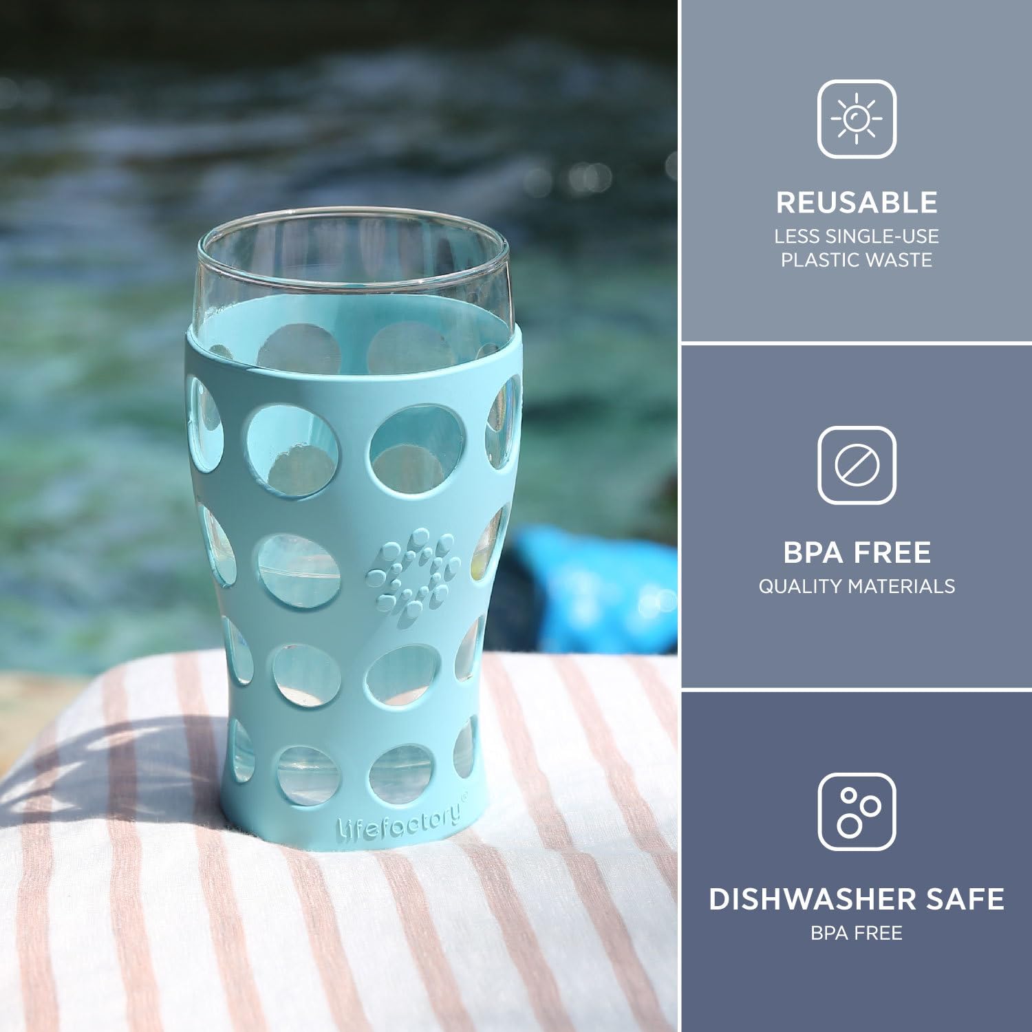 Lifefactory BPA-Free Beverage Glass with Protective Silicone Sleeve – Indoor & Outdoor Use(Dameg Box)