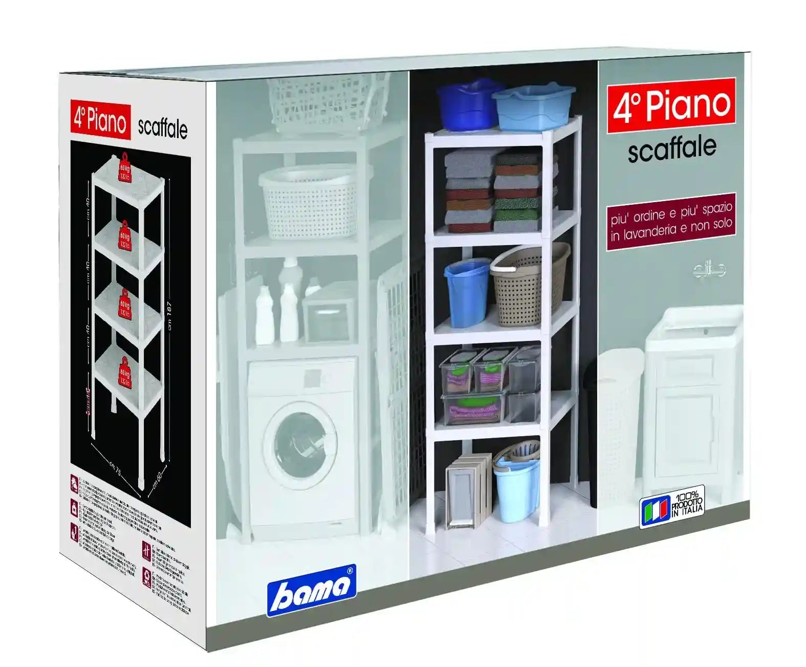 Bama 4-Tier Utility Shelf, 75x60x187 cm, White – Heavy-Duty 240kg Capacity