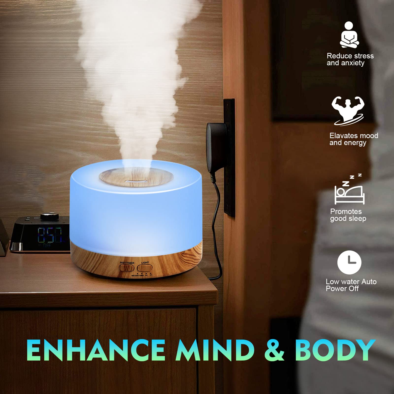 Sky-Touch  Essential Oil Aroma Diffuser 700ml, Upgraded Aromatherapy Diffuser with 4 Timer and 7 Color Lights, Cool Mist Humidifier with Auto Shut-off Function, Diffuser for Home Bedroom Office