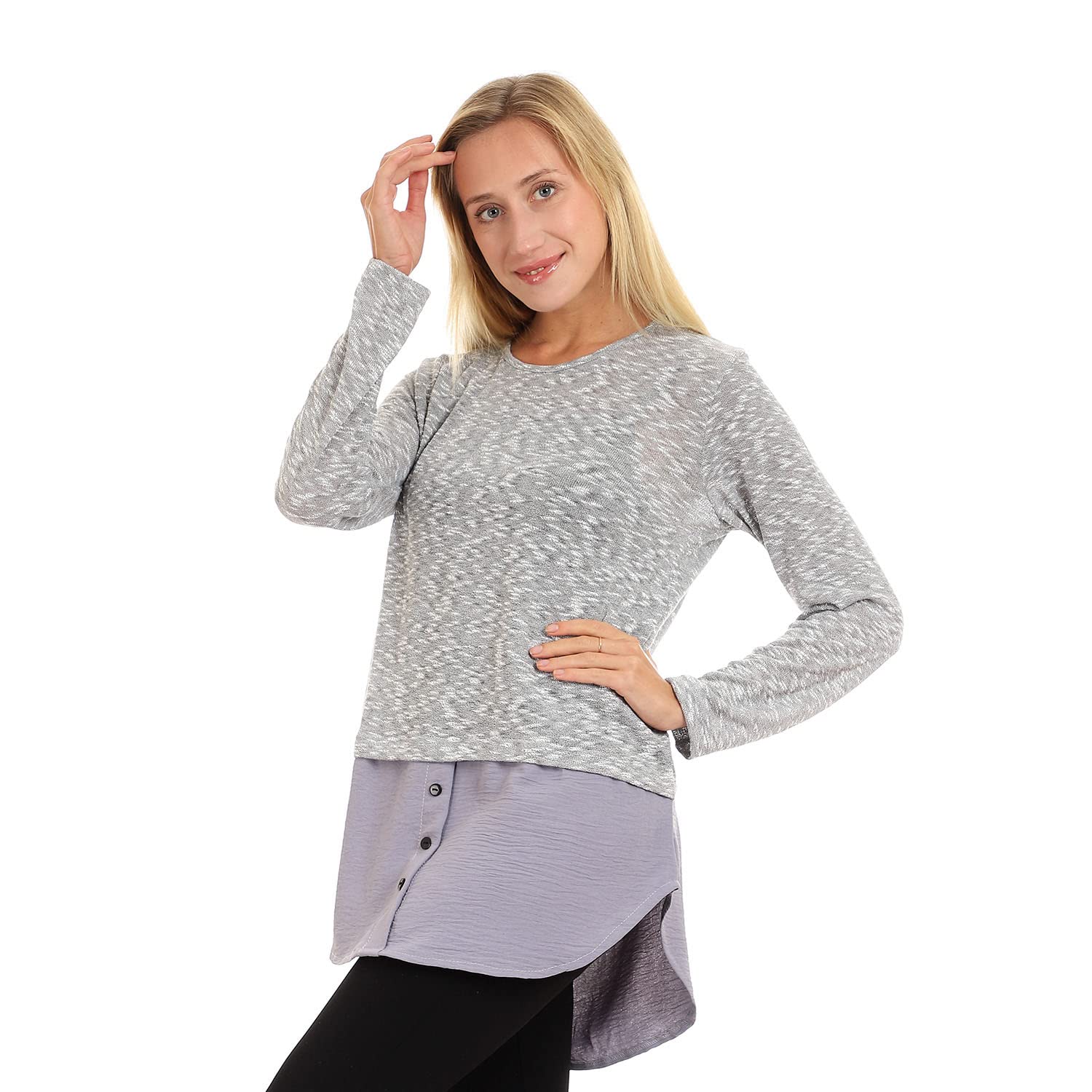 JAMILA Women Decorative Buttons Round Top SHIRT
