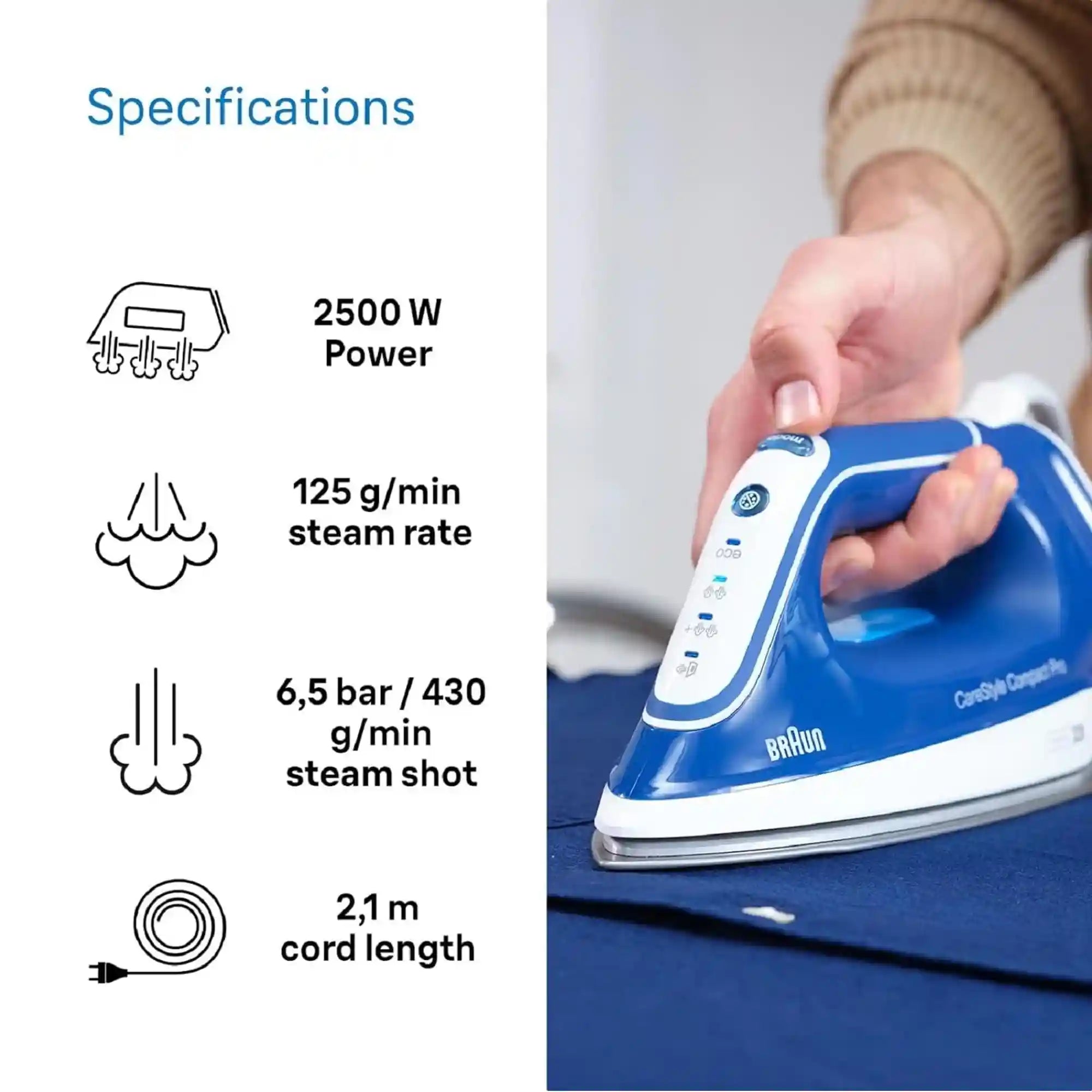 Braun CareStyle Compact Pro IS2565BL Steam Iron with FreeGlide 3D Technology, iCareMode, Eco & Turbo Modes, Vertical Steaming, Anti-Drip, 1.5L Water Tank, 2400W – Blue-Have Scratches - Safqqa Egypt