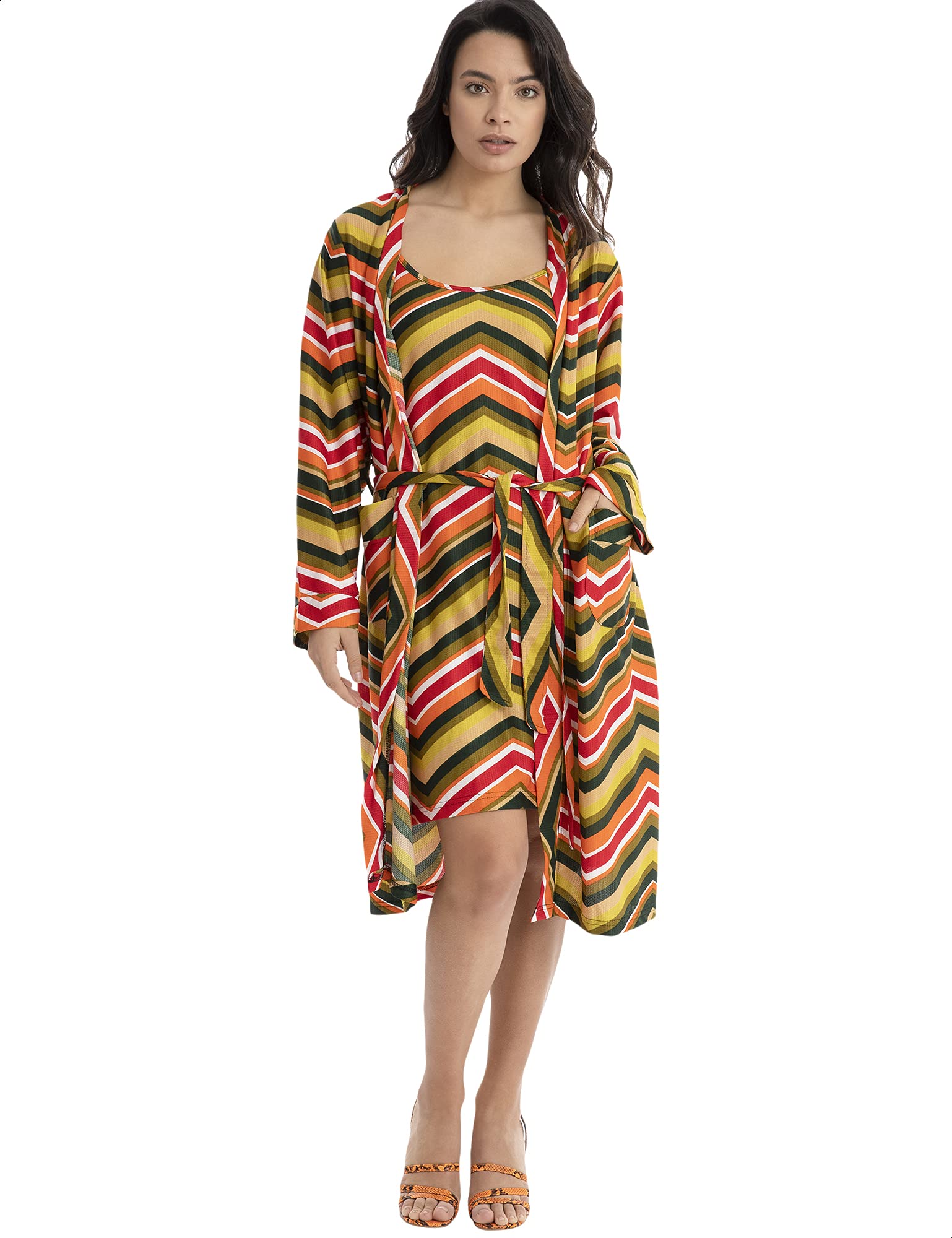 Kady Women’s Patterned Nightgown & Robe Set – Above Knee, Spaghetti Straps