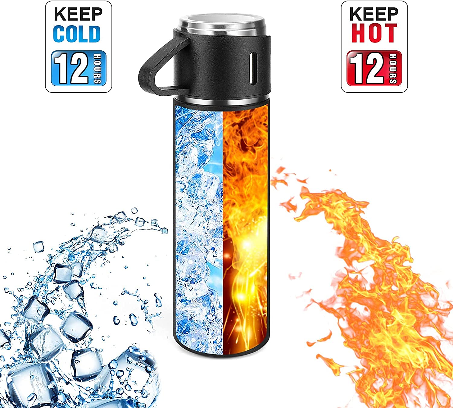 DEVICE OF URBAN INFOTECH Vacuum Insulated Flask Water Bottle, Double Wall Stainless Steel Thermal Bottle with Lid 3 Cup for Hot & Cold Water, Coffee Travel Thermos for Office & Outdoor (Black)- Damage Box - Have Scratches