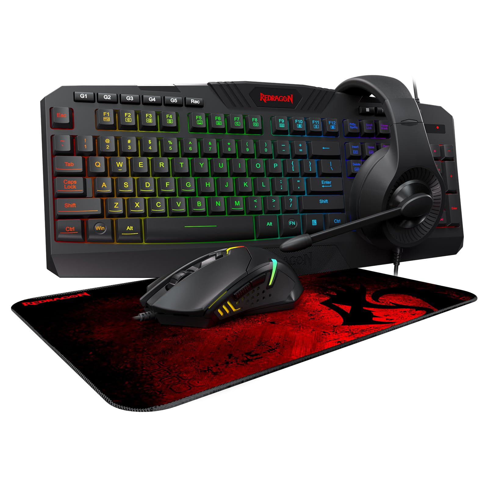 Redragon S101 Wired RGB Gaming Keyboard, Mouse, Mouse Pad, and Headset Combo – All-in-One PC Gamer Bundle for Windows