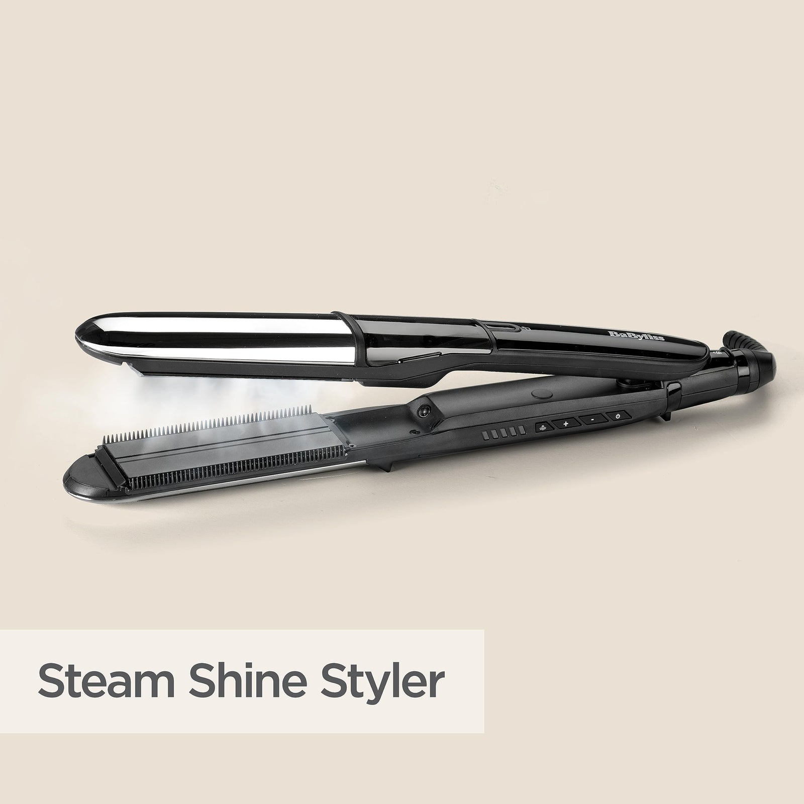 BaByliss Steam Shine Styler Hair Straightener | Fast Heat-up With 39mm Wide Diamond Ceramic Plates | 150°C to 230°C - 5 Heat Settings | Ionic Frizz Control |  ST496SDE (Black)