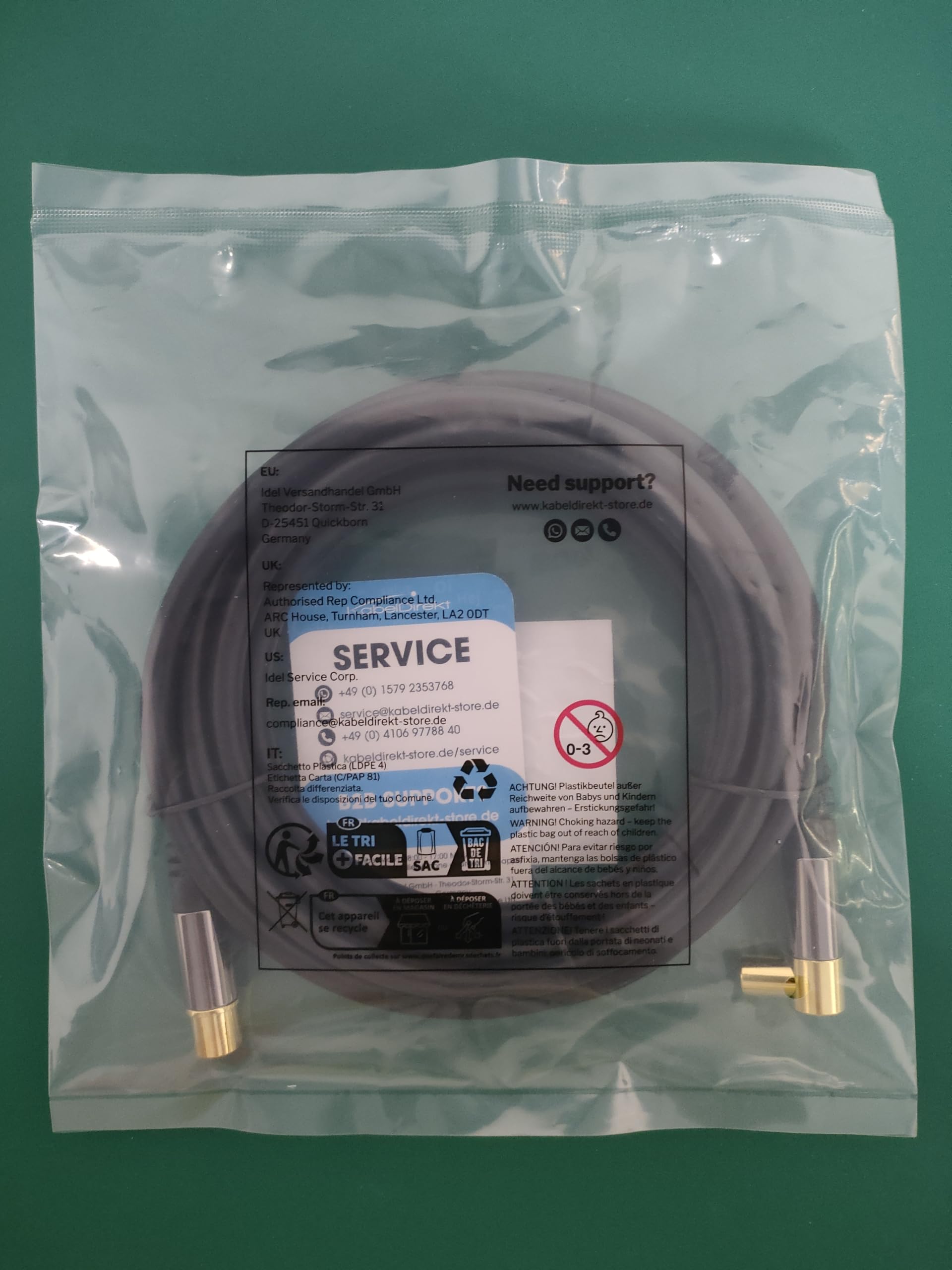 KabelDirekt – 3m 75 Ohm HDTV aerial cable, 90° angled coaxial male connector > straight coaxial female connector, coaxial cable for TV, HDTV, radio, DVB-T2, DVB-C, DVB-S (angled connector)