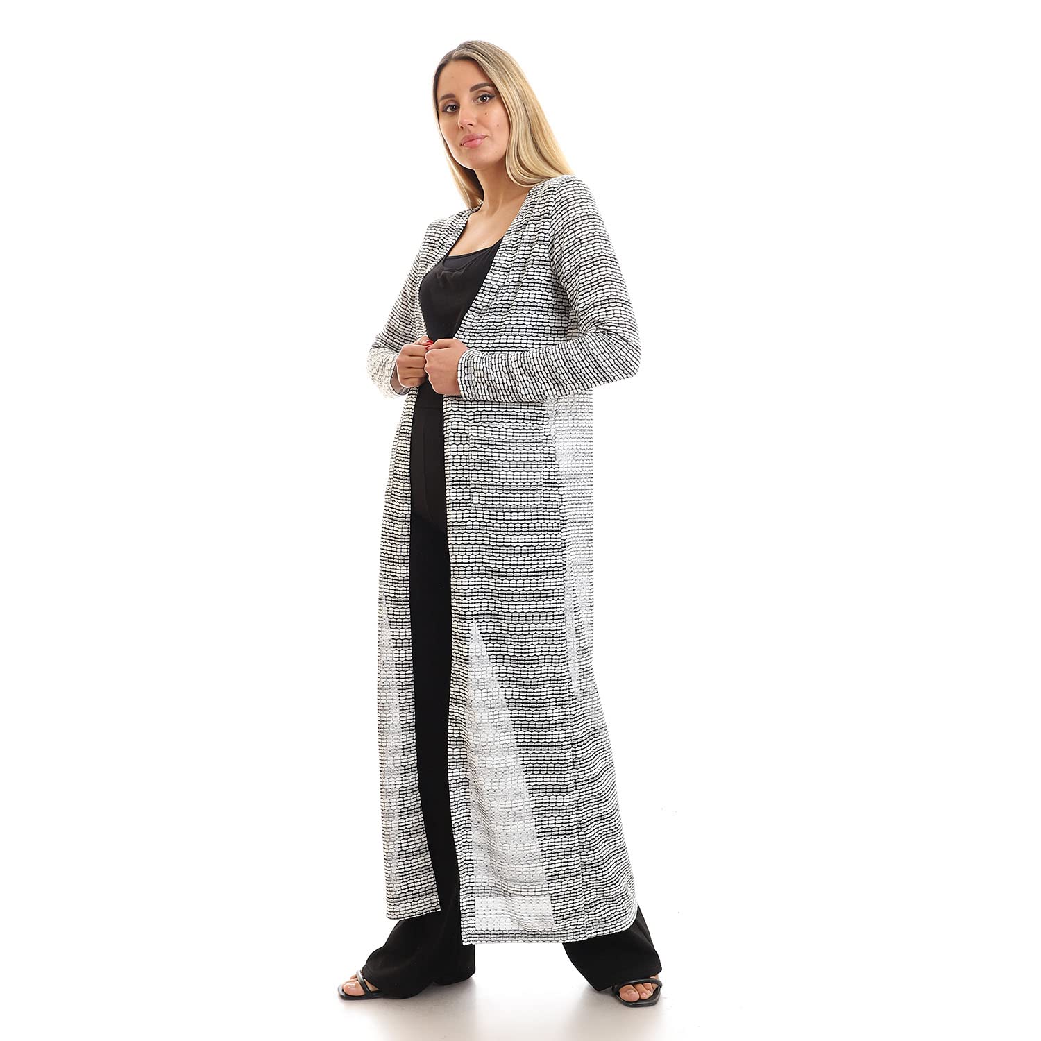 JAMILA Side Pockets Open Neckline Long Cardigan For Women,Ideal for casual wear, office looks, or cooler evenings..