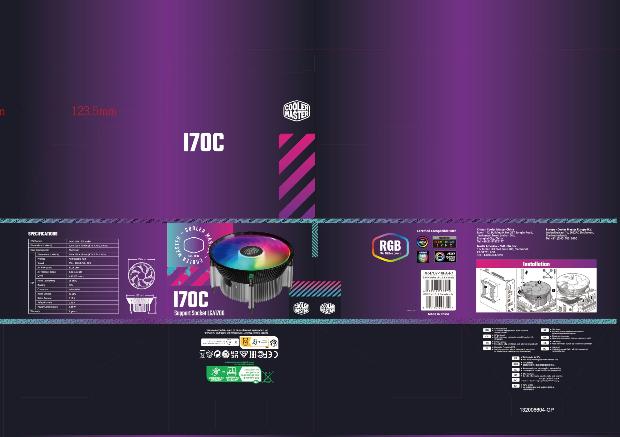 مبرد معالج كولر ماستر i70C لمنفذ LGA 1700 مع إضاءة ARGB، لون أسود، أبعاد 12 × 12 × 7 سم، جهد 12 فولت، قدرة 1.44 واط، سرعة دوران 1800 دورة في الدقيقة، تدفق هواء 37.08 قدم مكعب/دقيقة، صوت 28 ديسيبل