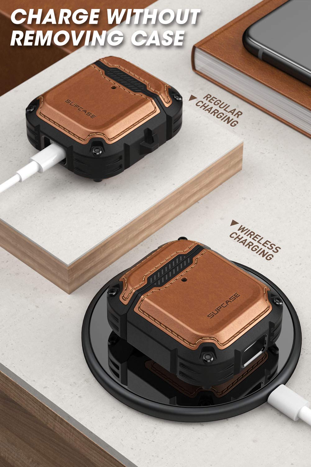 حافظة Supcase Unicorn Beetle Royal Series المصممة لـ AirPods 1 و 2، غطاء حماية كامل الجسم بتصميم قوي مع كارابينر لـ Apple AirPods الجيل الأول والثاني (بني)  