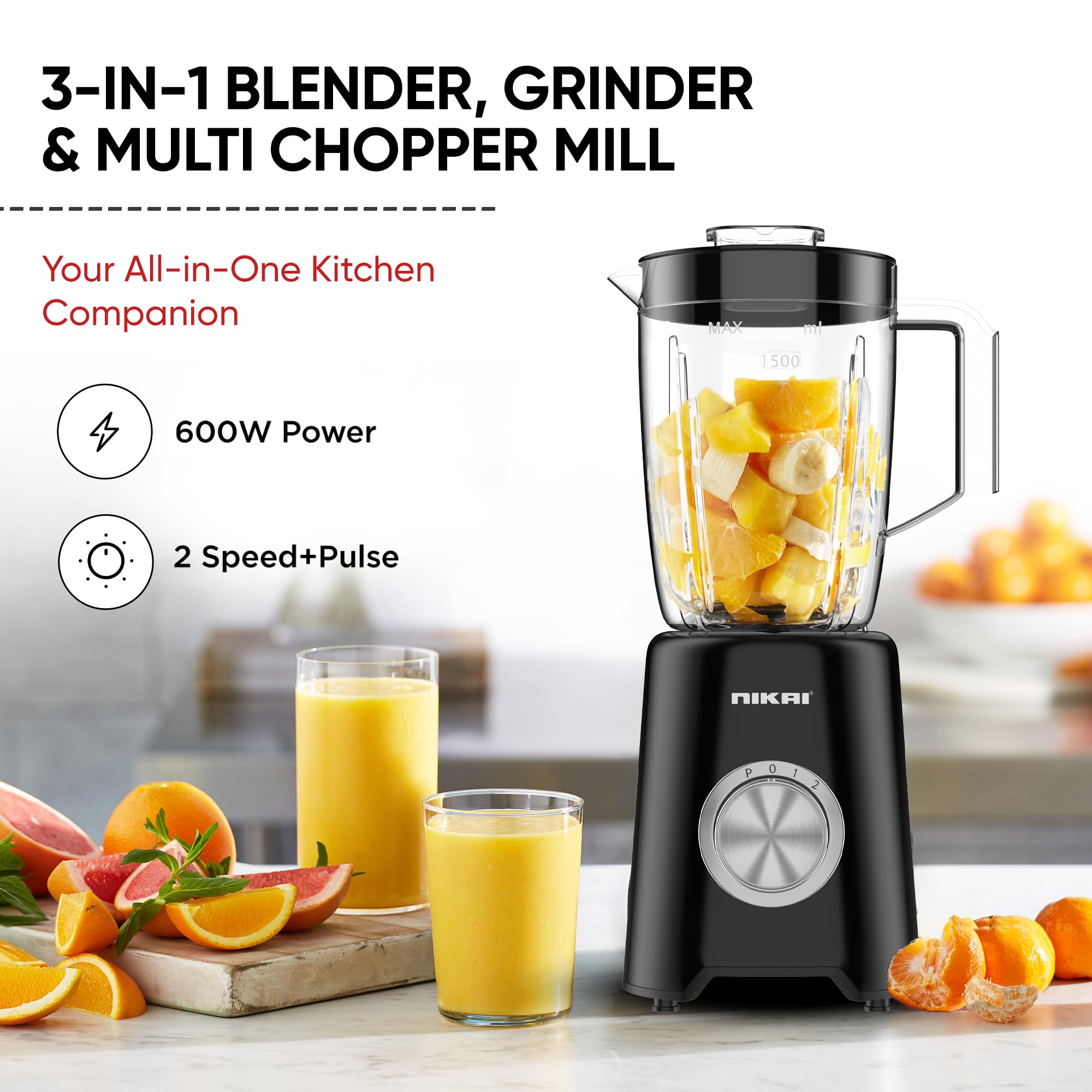 Nikai 3-in-1 Blender with 3 Unbreakable Jars, 1.5 Ltr Liquid Jar, 1 Coffee Grinder & 1 Meat Mincer, 2 Speeds, Perfect for Dry & Wet Fine Grinding, Mixing & Juicing - NB2900NA1 Black - Have Scratches