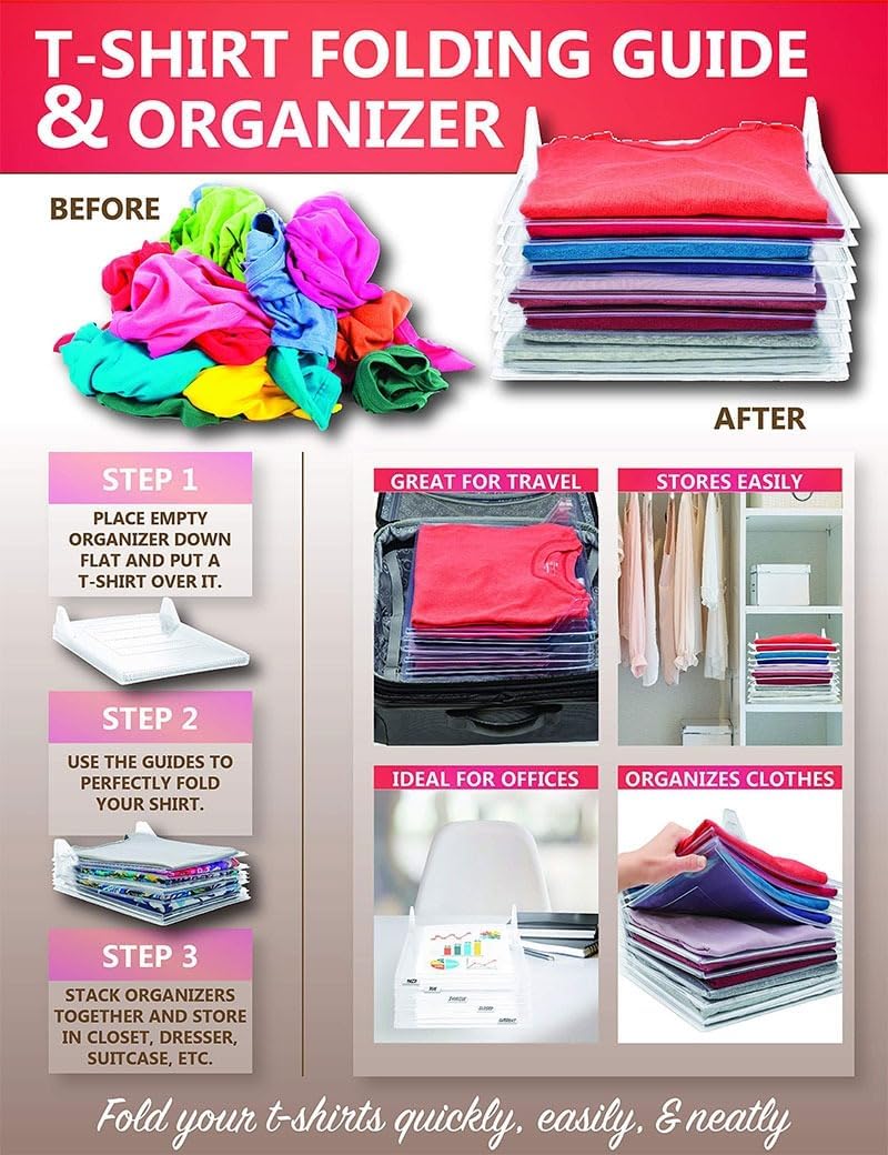 Goldedge T-Shirt Organizer Set for 10 Shirts, Space-Saving Stackable Folding System for Wardrobe & Suitcase Organization (10x1 Set) – Safqqa Egypt