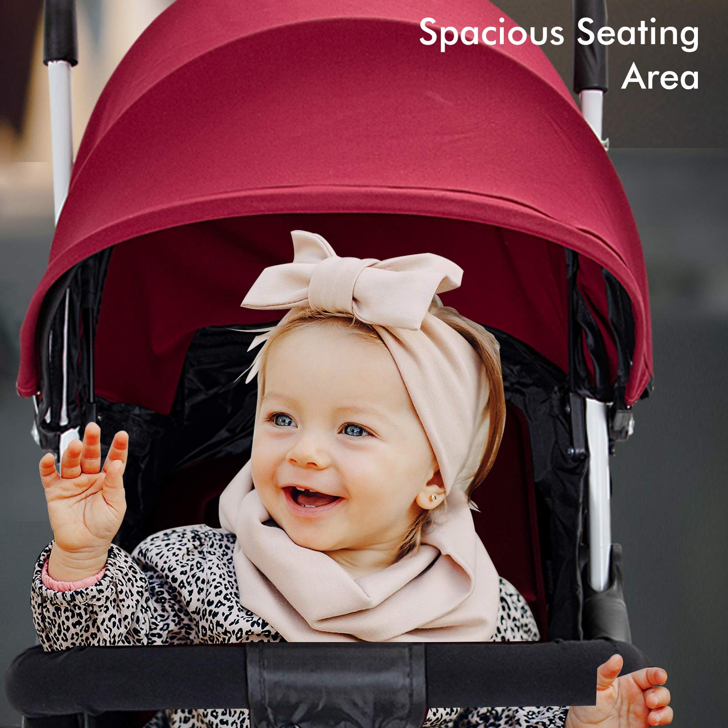 BABY PLUS Baby Pram Stroller With Sunshade Canopy & Adjustable Footrest/With Snack Tray/Safety Belt/Swivel Wheels/Reclining Position/Large Storage Basket/Unisex/ 12 To 36 Months/Wine Black/Red