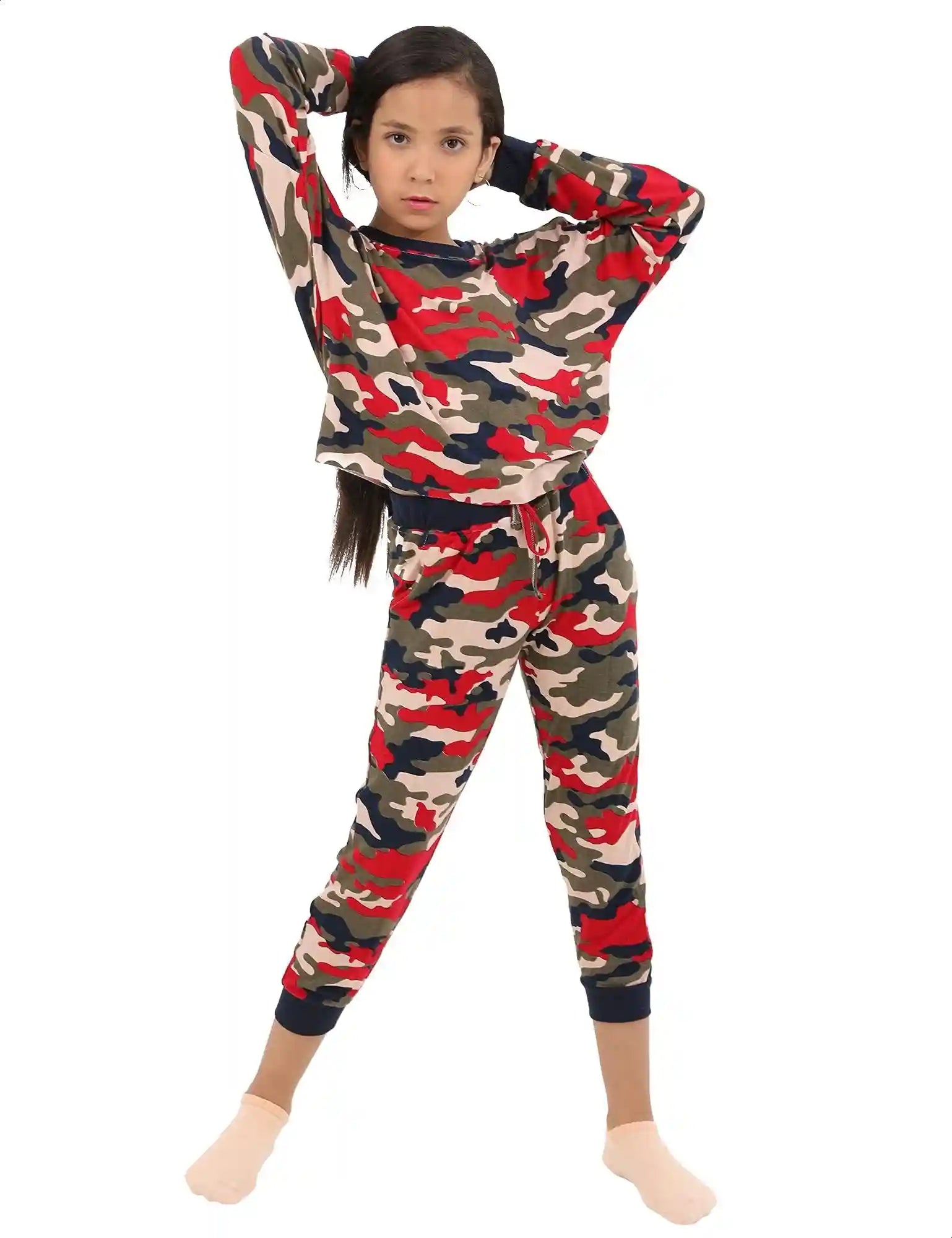 بيجامة نسائية للبنات، تي شيرت مطبوع بأكمام طويلة مع بنطلون بخصر مطاطي ورباط