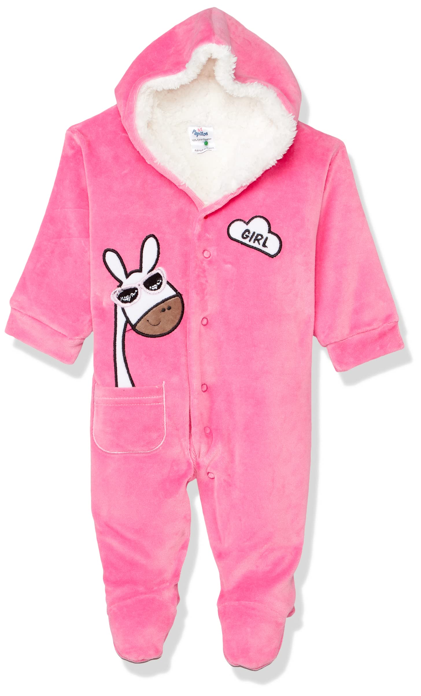 Papillon Giraffe Embroidery Front Pocket Fur Neck Jumpsuit for Girls - Pink, Newborns