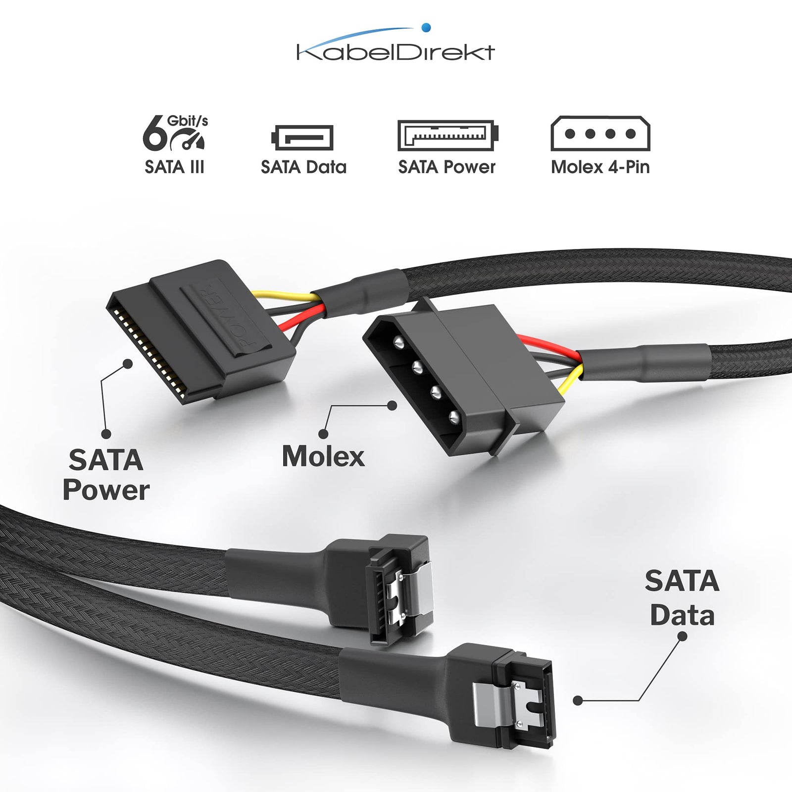 KabelDirekt 827 0.6m 30cm 4-pin Molex to 15-pin SATA power cable + 60cm 7-pin 3 data 6 Gbit/s angled 90 ° black