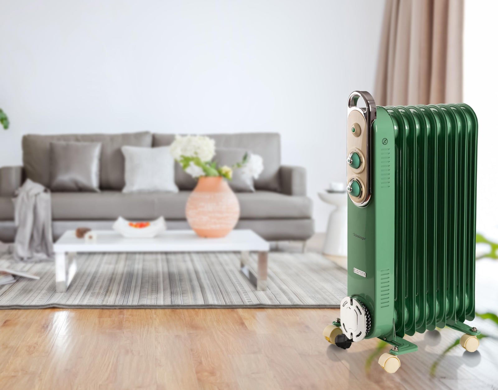 Ariete Vintage Oil Radiator, 9 Heating Elements, 2000W, 3 Power Levels, Handle and Wheels for Easy Transport, Green (By De'longhi Group)