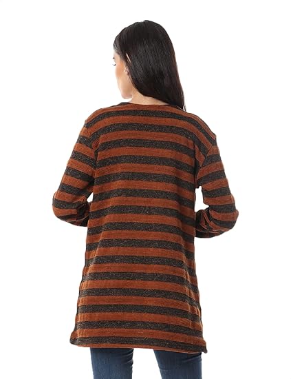 Jamila Women Striped Front Pockets Long Sleeves Open Cotton Cardigan