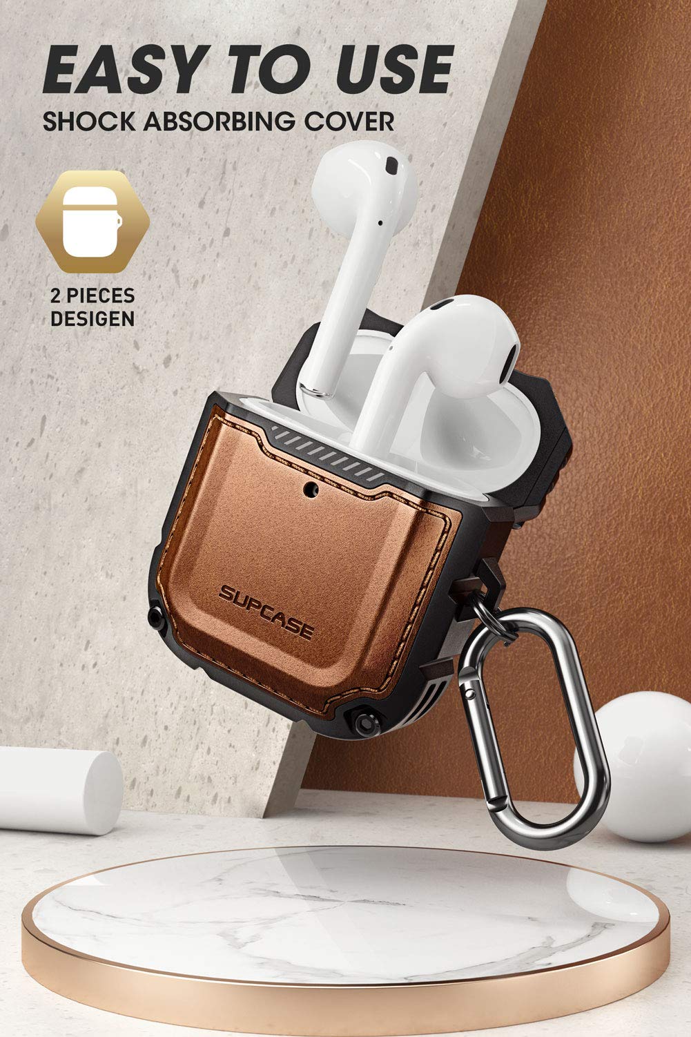 حافظة Supcase Unicorn Beetle Royal Series المصممة لـ AirPods 1 و 2، غطاء حماية كامل الجسم بتصميم قوي مع كارابينر لـ Apple AirPods الجيل الأول والثاني (بني)  
