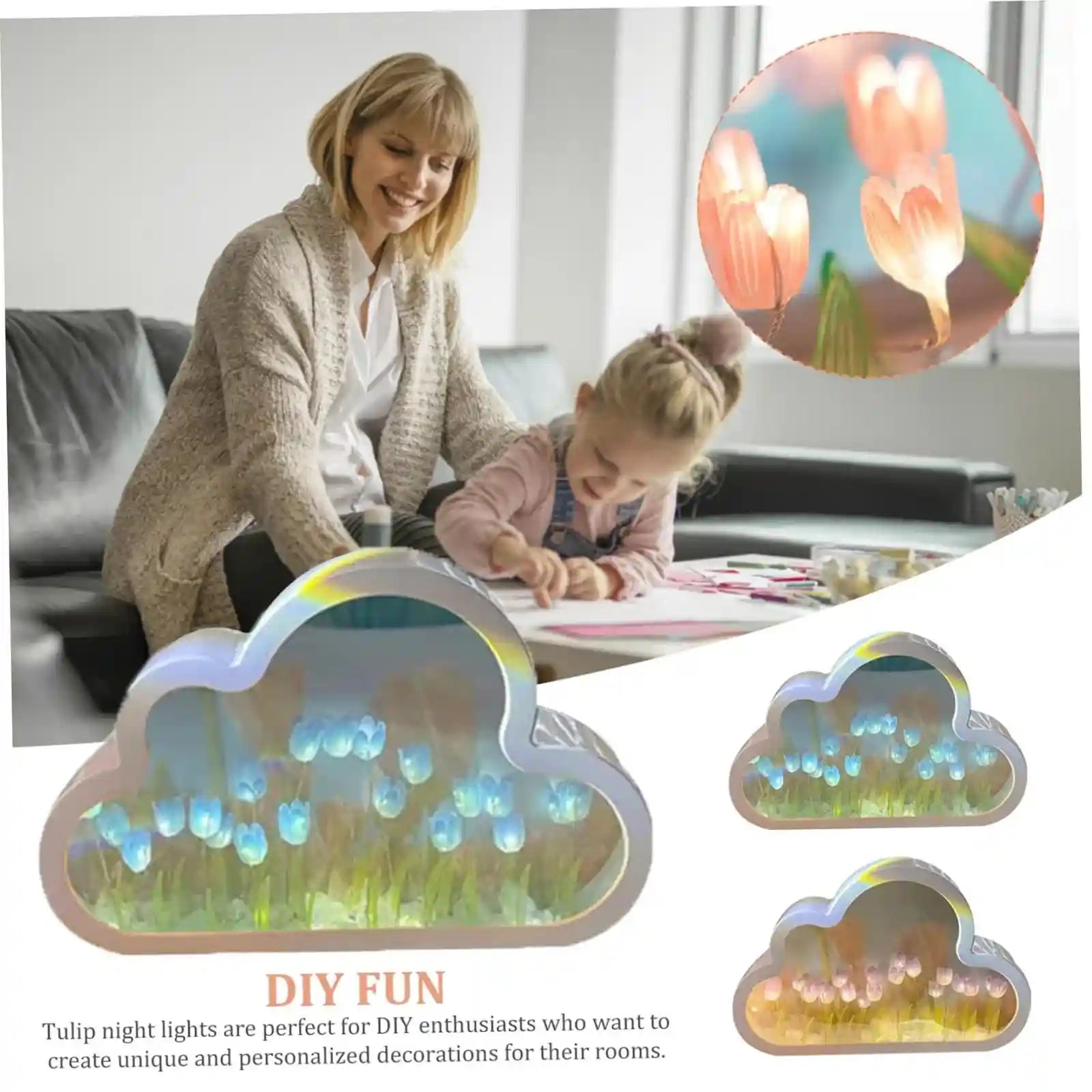 Bolivia's DIY Tulip Night Light, 20 Flowers Cloud Lamp, 2-in-1 Mirror With Lights, Simulation Flower Bedroom Sleeping Table Lamp - Safqqa Egypt