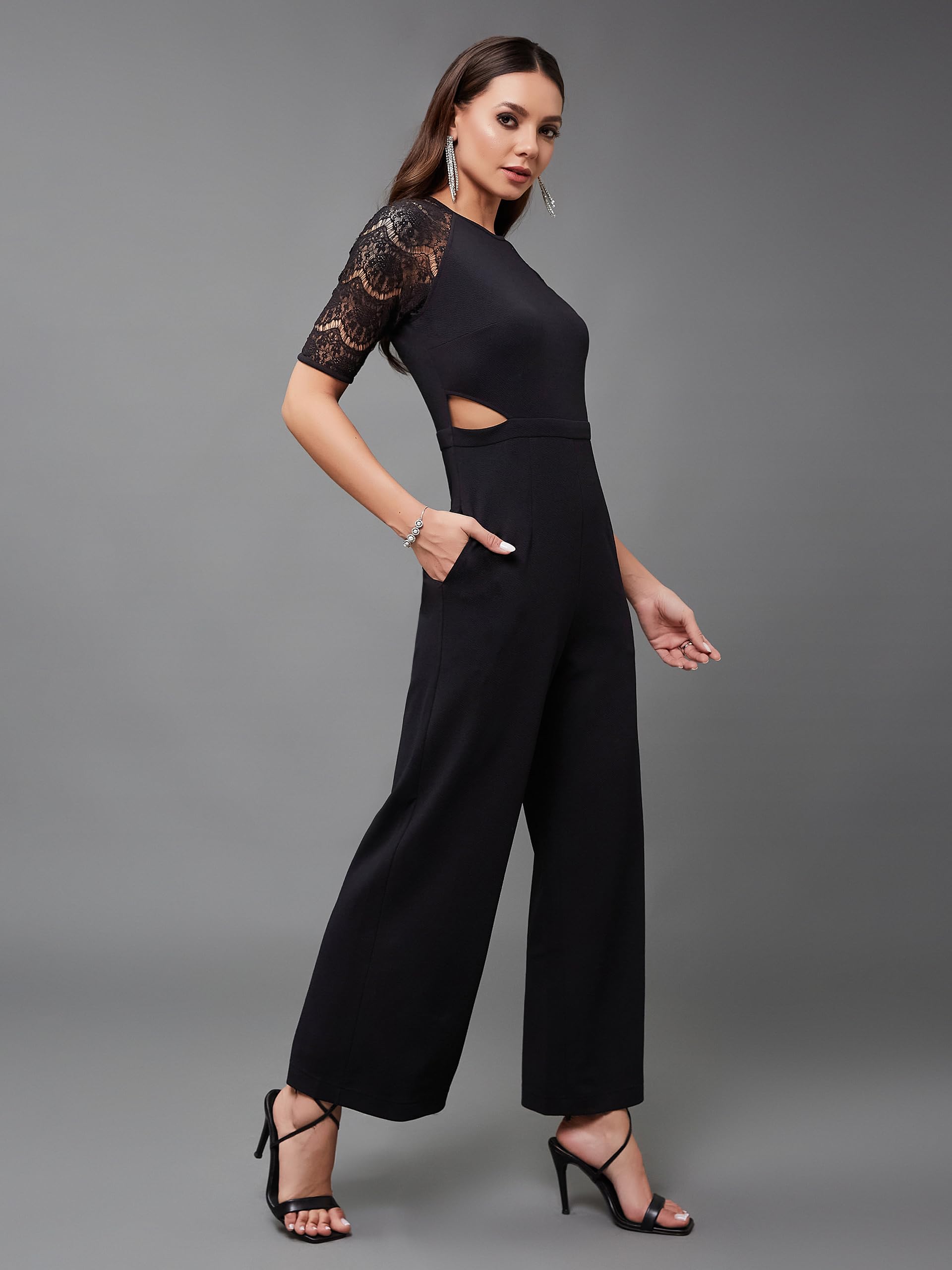 Miss Olive Women's Wine V-Neck Sleeveless Solid Wrap Regular Jumpsuit