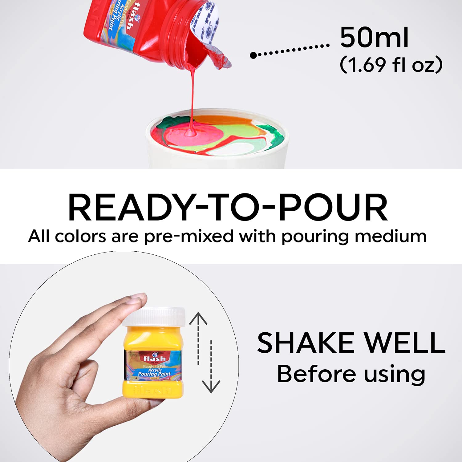 مجموعة ألوان أكريليك جاهزة للصب من فلاش، تحتوي على ١٦ درجة لون مختلفة، سعة كل عبوة ٥٠ مل. تتميز بسيولة عالية تسمح بالصب السلس والمتساوي دون الحاجة إلى خلط أو تخفيف.