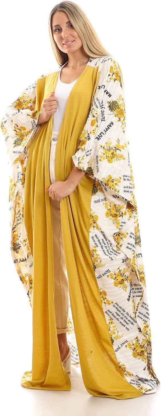 JAMILA Women's Short Sleeves Slip-On Self-Printed Long Kimono Robe - Safqqa Egypt