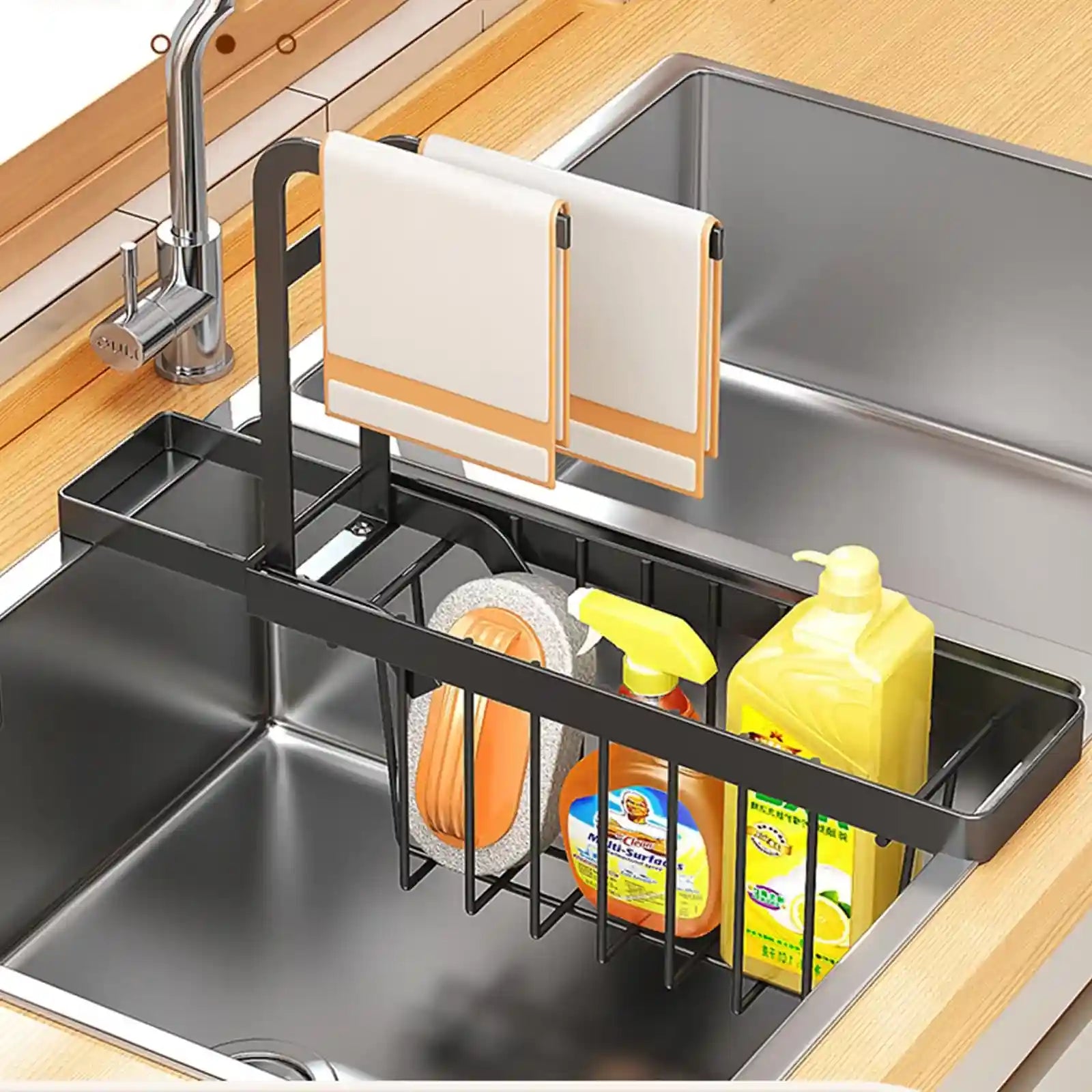 HOISIMDY Kitchen Sink Organiser Sink Caddy Expandable Sponge Holder Telescopic Sink Rack & Holder with Dishcloth Towel Rack