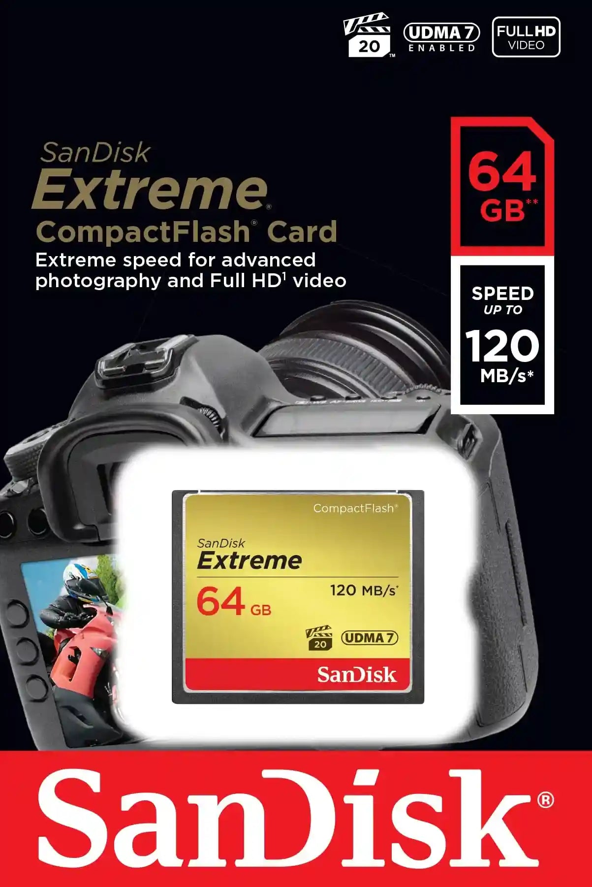 SanDisk Extreme CF 120MB/s، 85MB/s كتابة، UDMA7، 64GB