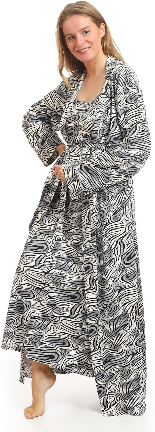 Kady Women Spaghetti Strap Zebra Print Long Nightgown with Robe