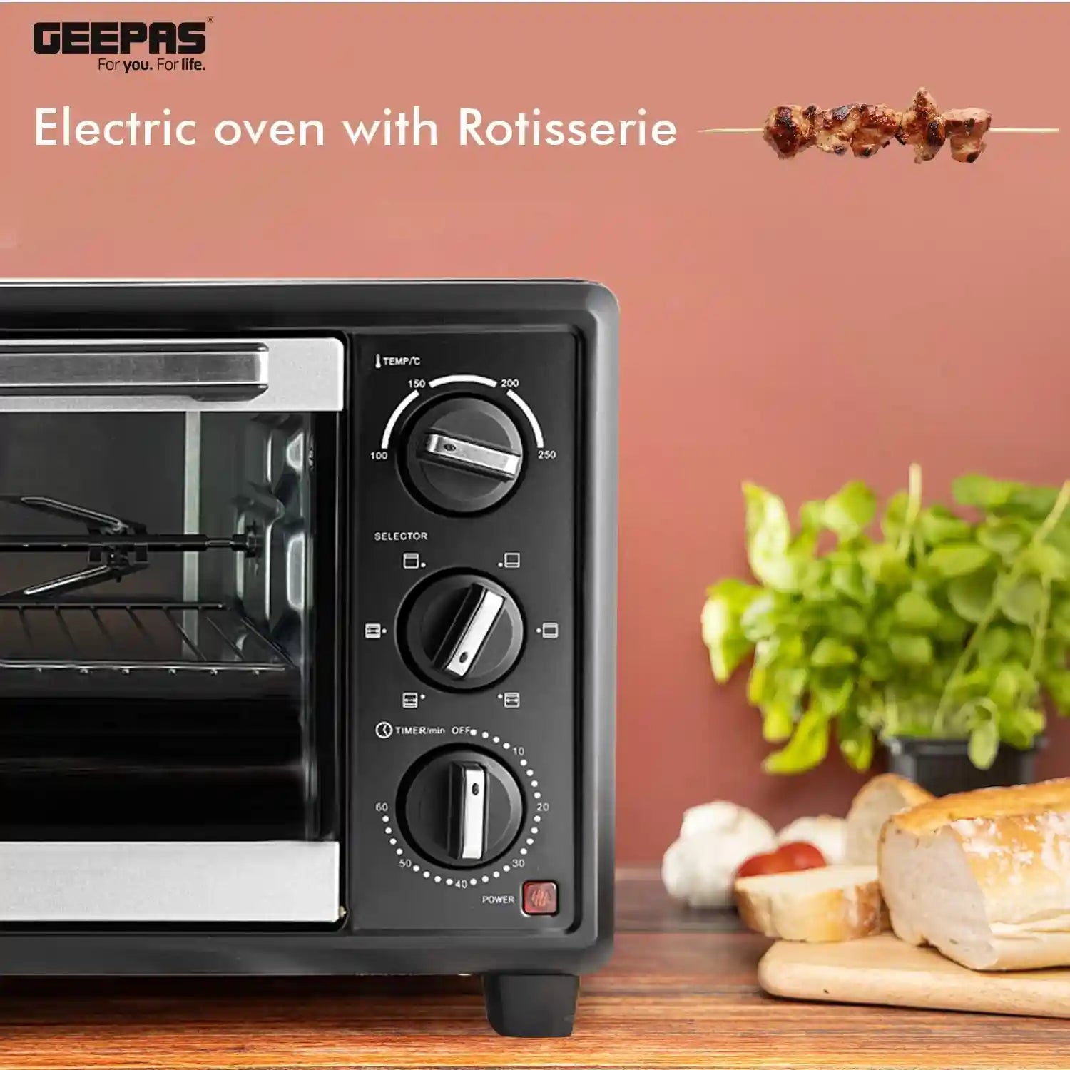 Geepas GO4464 25L Electric Oven With Rotisserie- 1600W power, 6 Stages Heating Selector-There is a hit at the top of the device.