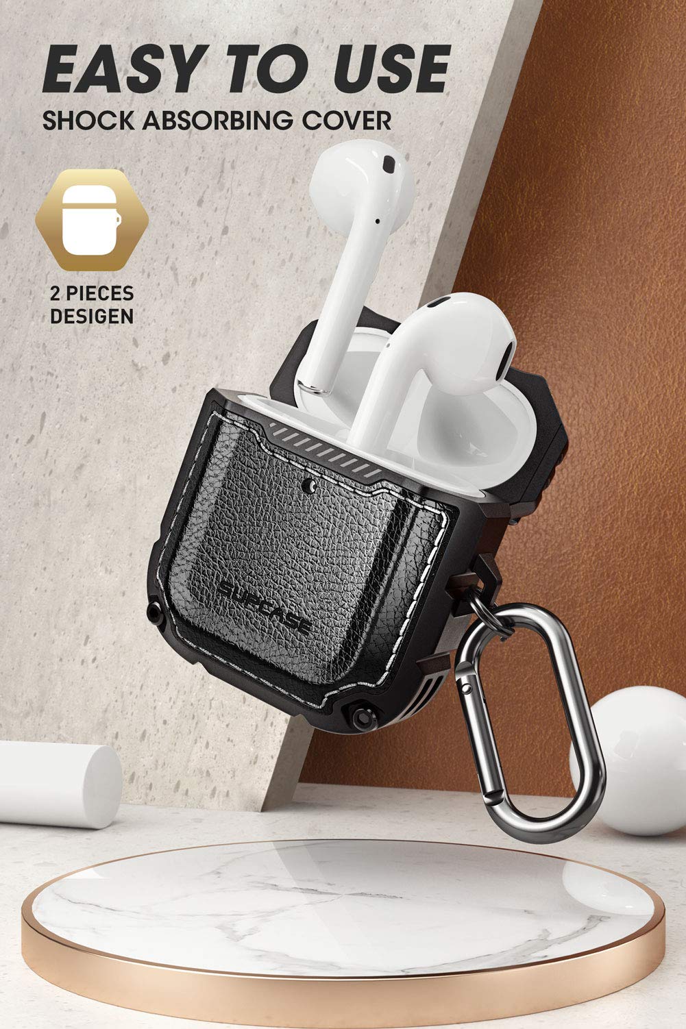 جراب Supcase Unicorn Beetle Royal Series مصمم لـ AirPods 1 و 2، غطاء حماية كامل الجسم بتصميم قوي مع كارابينر لـ Apple AirPods الجيل الأول والثاني (أسود)