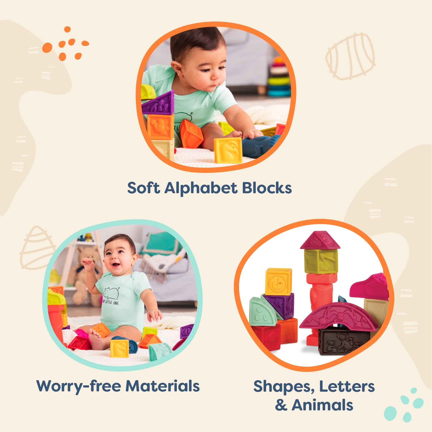 B. toys - elemenosqueeze baby blocks - 26 stacking blocks with shapes numbers, animals & textures - bpa free soft blocks for babies 6m+ (26-pcs)