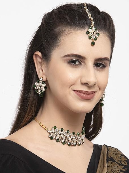 Shining Diva Fashion Women Choker Kundan Necklace Set Green Antique Design