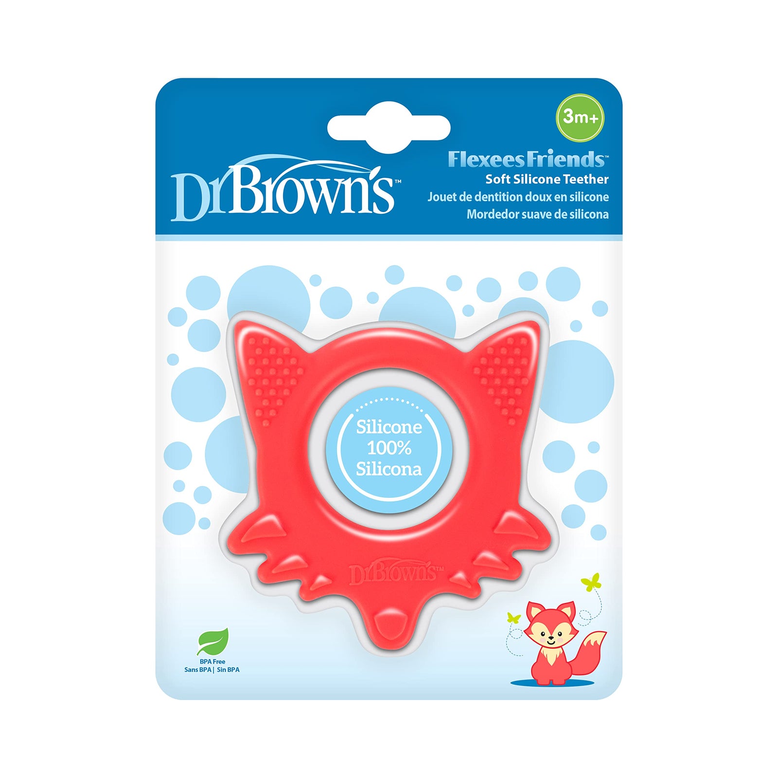 Dr. Brown's Flexees Friends Red  Fox, Soft 100% Silicone Baby Teether, BPA Free, 3m+