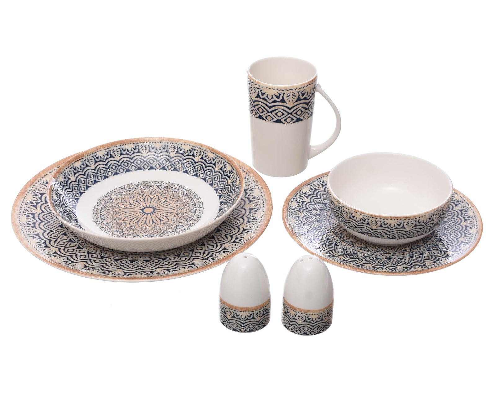 Royal Alfredo Blue Arabesque 33-Piece Dinner Set – Elegant Porcelain Tableware (Missing 3 Bowls) Box Damage