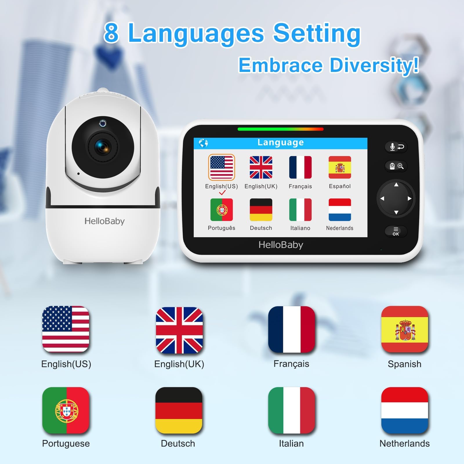 جهاز مراقبة الأطفال المطوّر من HelloBaby راحة البال ومراقبة واضحة لطفلك في جميع الأوقات. يتميز بشاشة كبيرة مقاس 5 بوصات وبطارية قوية تدوم حتى 30 ساعة لمتابعة مستمرة طوال اليوم-دامج بوكس