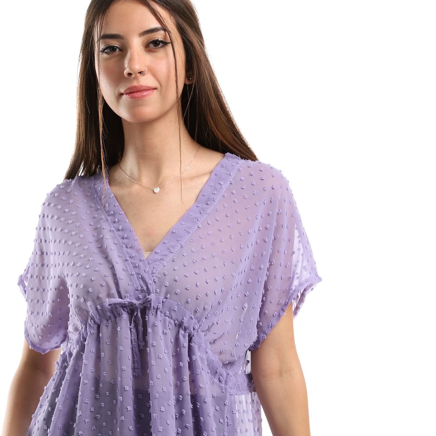 بلوزة شفافة بأكمام قصيرة وخياطة ذاتية للنساء من جميلة