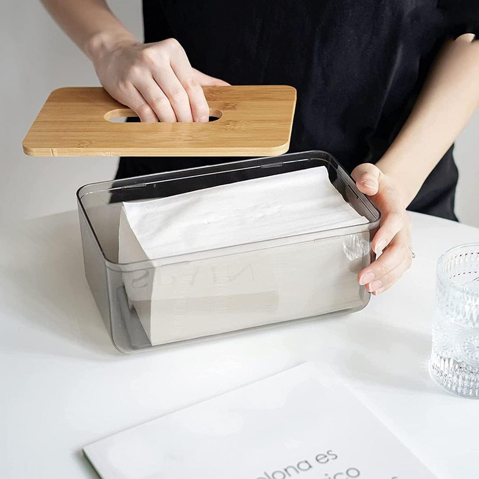 Imported Acrylic Tissue Box with Bamboo Lid – Clear Decorative Tissue Holder for Home, Office & Bathroom