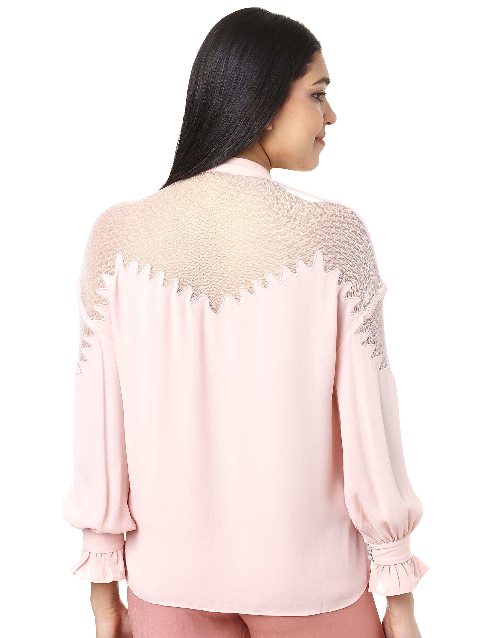 Elle Buttoned Neck Sheer Basic Blouse for Women