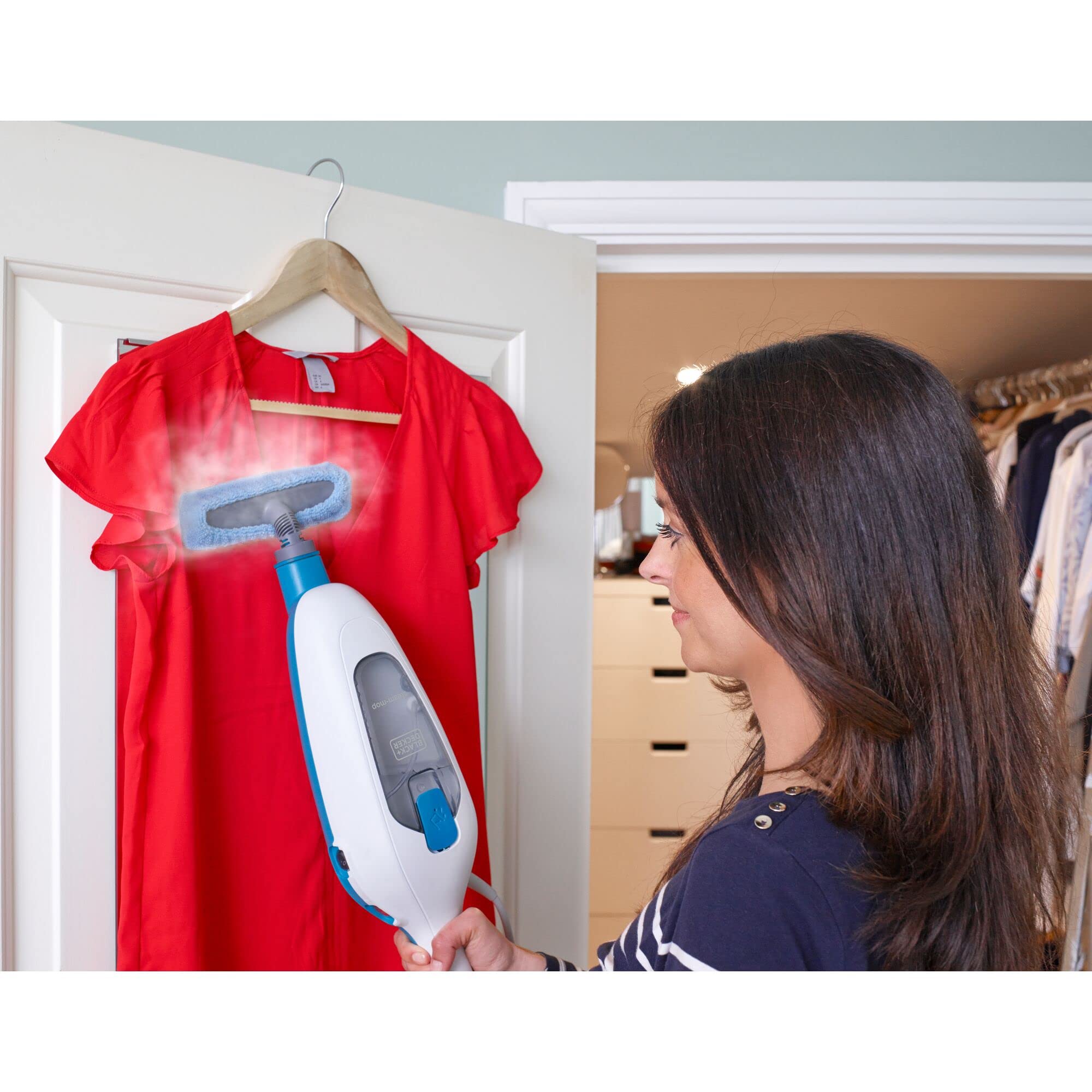 BLACK+DECKER Steam Mop, 1300W, 350ml Capacity, Superheated Steam, Microfiber Pad, 30 Sec Heat-Up, 14 Min Runtime, Chemical-Free, Safe for All Sealed Floors, ECO Friendly, White/Blue - FSMH13E10-B5