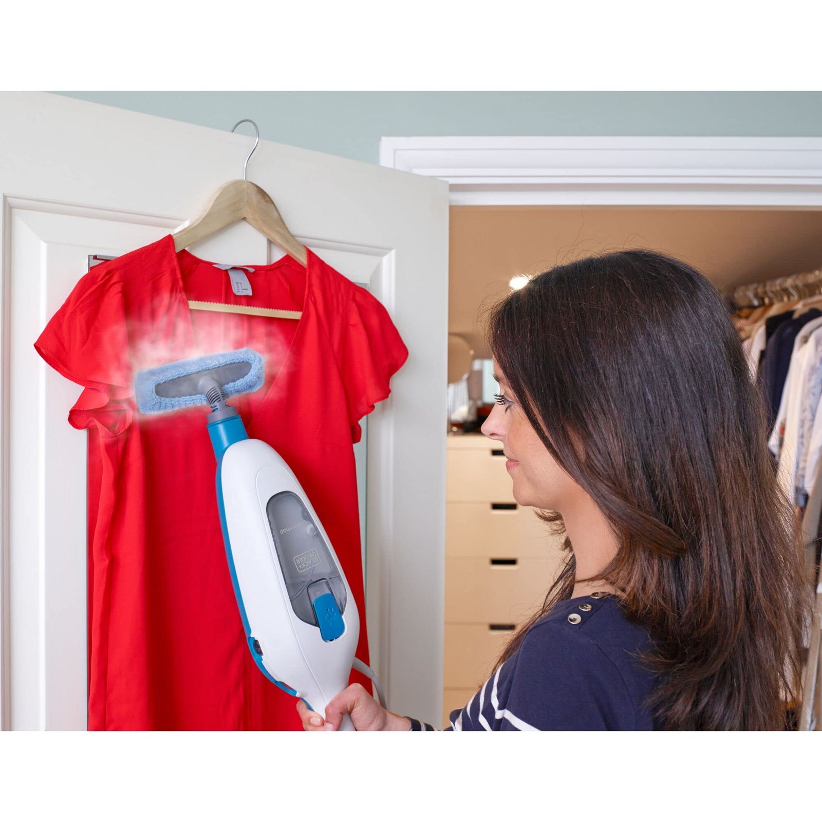 BLACK+DECKER Steam Mop, 1300W, 350ml Capacity, Superheated Steam, Microfiber Pad, 30 Sec Heat-Up, 14 Min Runtime, Chemical-Free, Safe for All Sealed Floors, ECO Friendly, White/Blue - FSMH13E10-B5