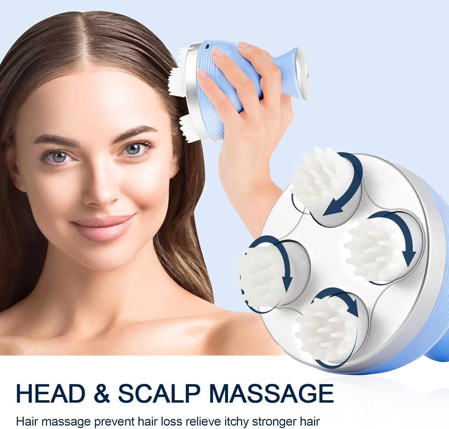 LIARTY Electric Scalp Massager, Portable Rechargeable Head Massager with 4 Removable Massage Claws, Waterproof Handheld Hair Scalp Scratcher Massage for Neck Shoulder Body, Blue