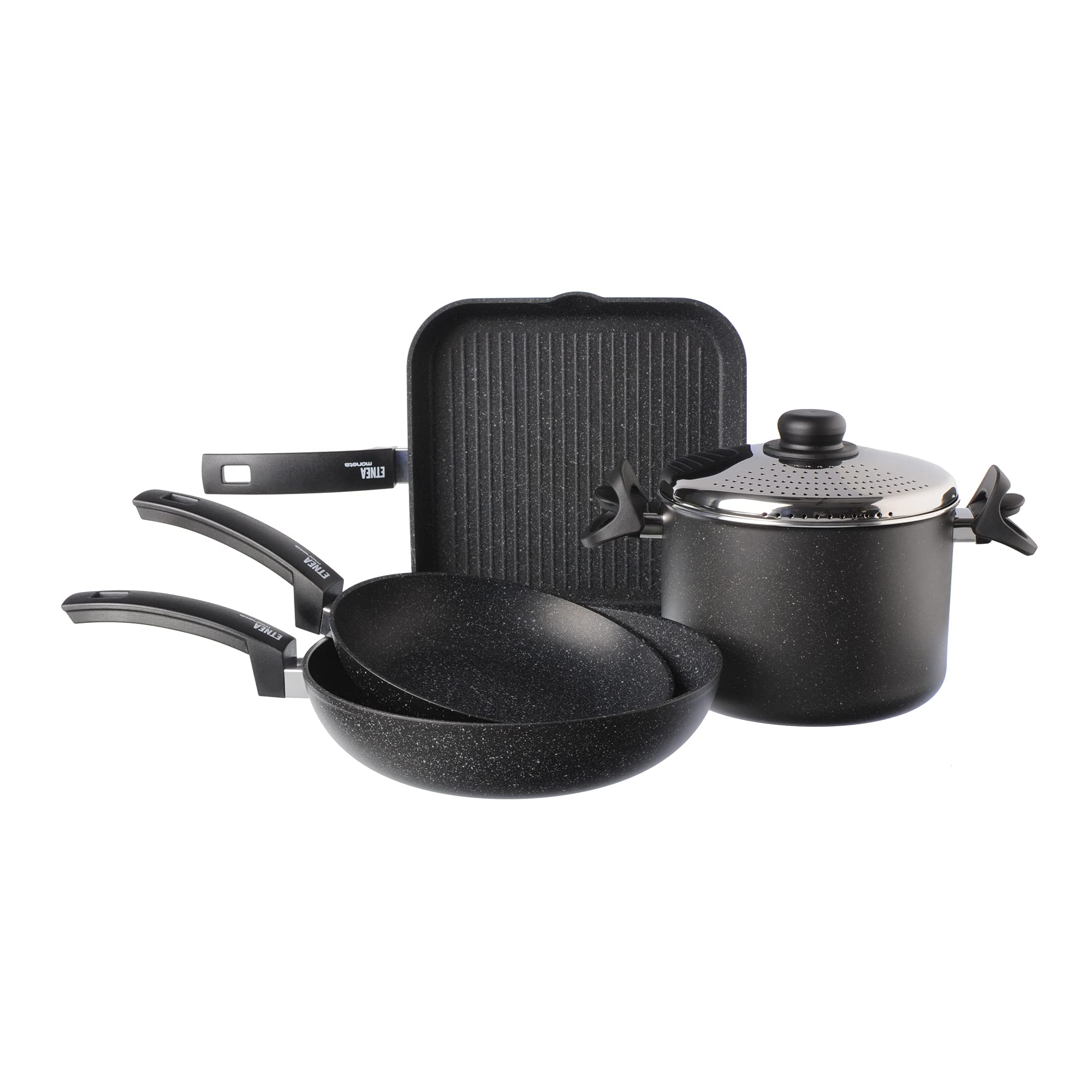 طقم أواني طهي مونيـتا 5 قطع مقلاة 24 سم وووك 28 سم وشواية 28 سم وحلة مكرونة 22 سم بغطاء مصفاة ستانلس ستيل صناعة إيطالية