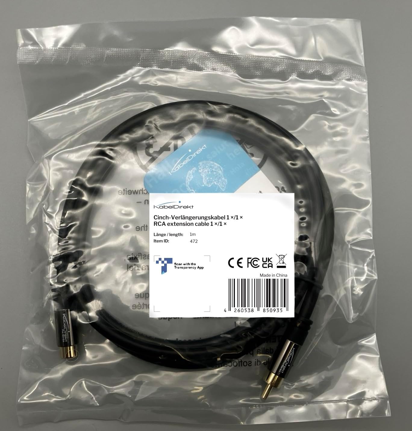 KabelDirekt 472 1m RCA/phono extension lead cable, audio/digital/video (coax male to female, for subs/amps/Hi-Fis, analogue/digital audio or composite video, 75 ohm) black