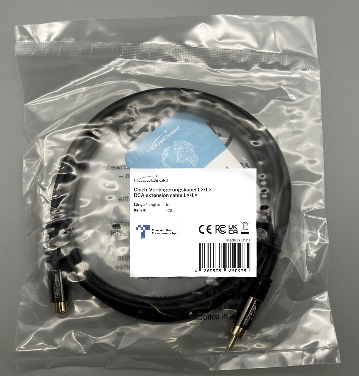 KabelDirekt 472 1m RCA/phono extension lead cable, audio/digital/video (coax male to female, for subs/amps/Hi-Fis, analogue/digital audio or composite video, 75 ohm) black