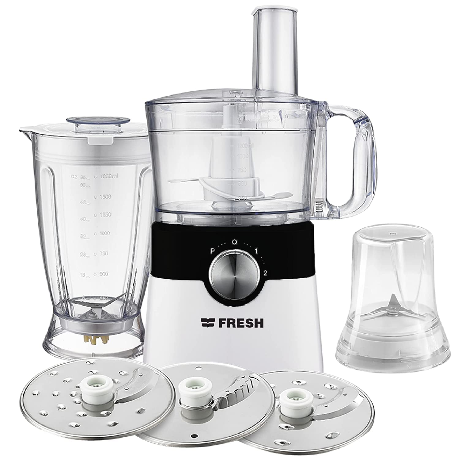 خلاط الطعام فريش FP402 7 في 1 بقوة 1000 واط. هذا الجهاز متعدد الاستخدامات يجمع بين عدة وظائف في تصميم واحد مدمج، مثل التقطيع، التقطيع إلى شرائح، البَشر، الخلط، العجن
